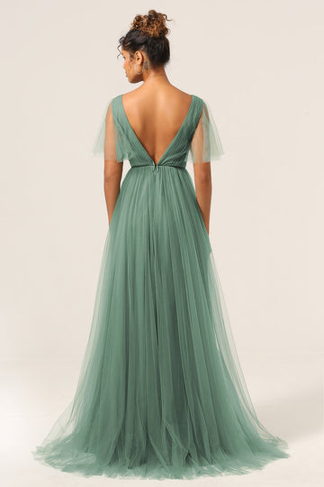 Eucalyptus V Neck Open Back A Line Bridesmaid Dress
